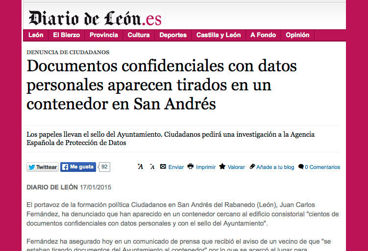Documentos confidenciales con datos personales aparecen tirados en un contenedor en San Andrés